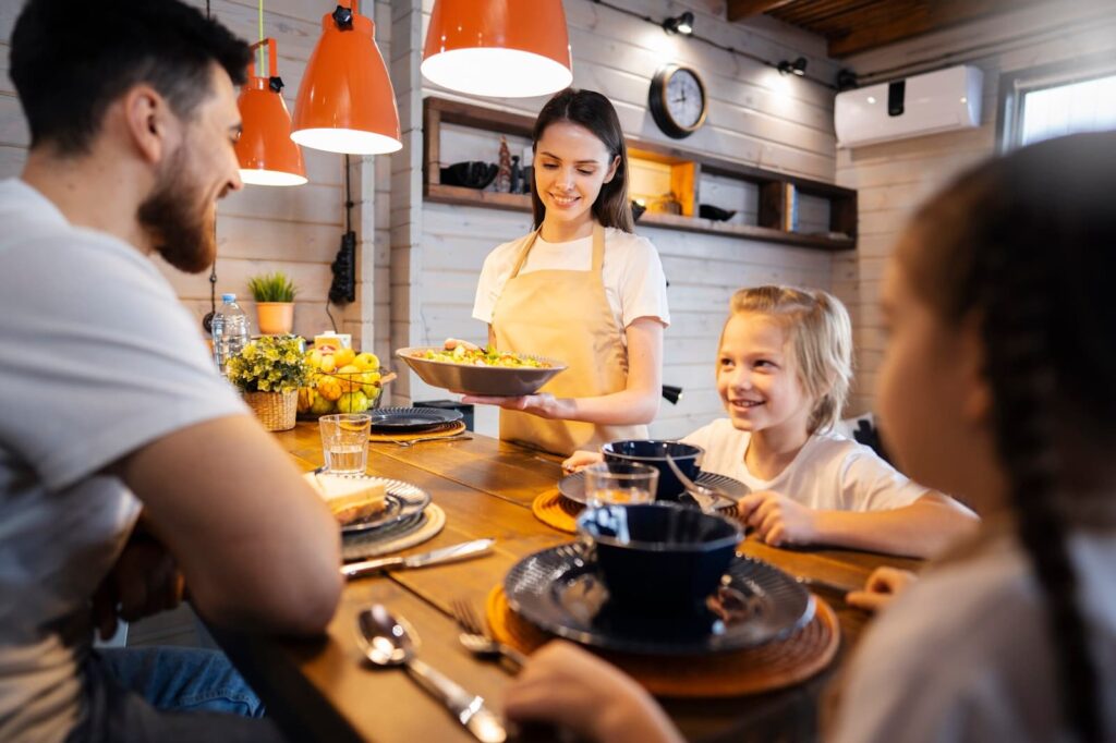 A happy family enjoying a meal together