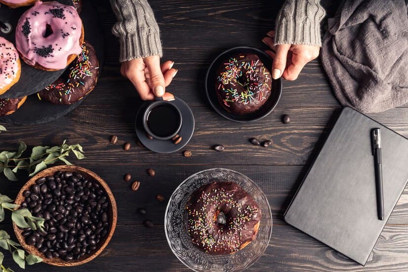 Top View of Delicious Donuts in Cafe